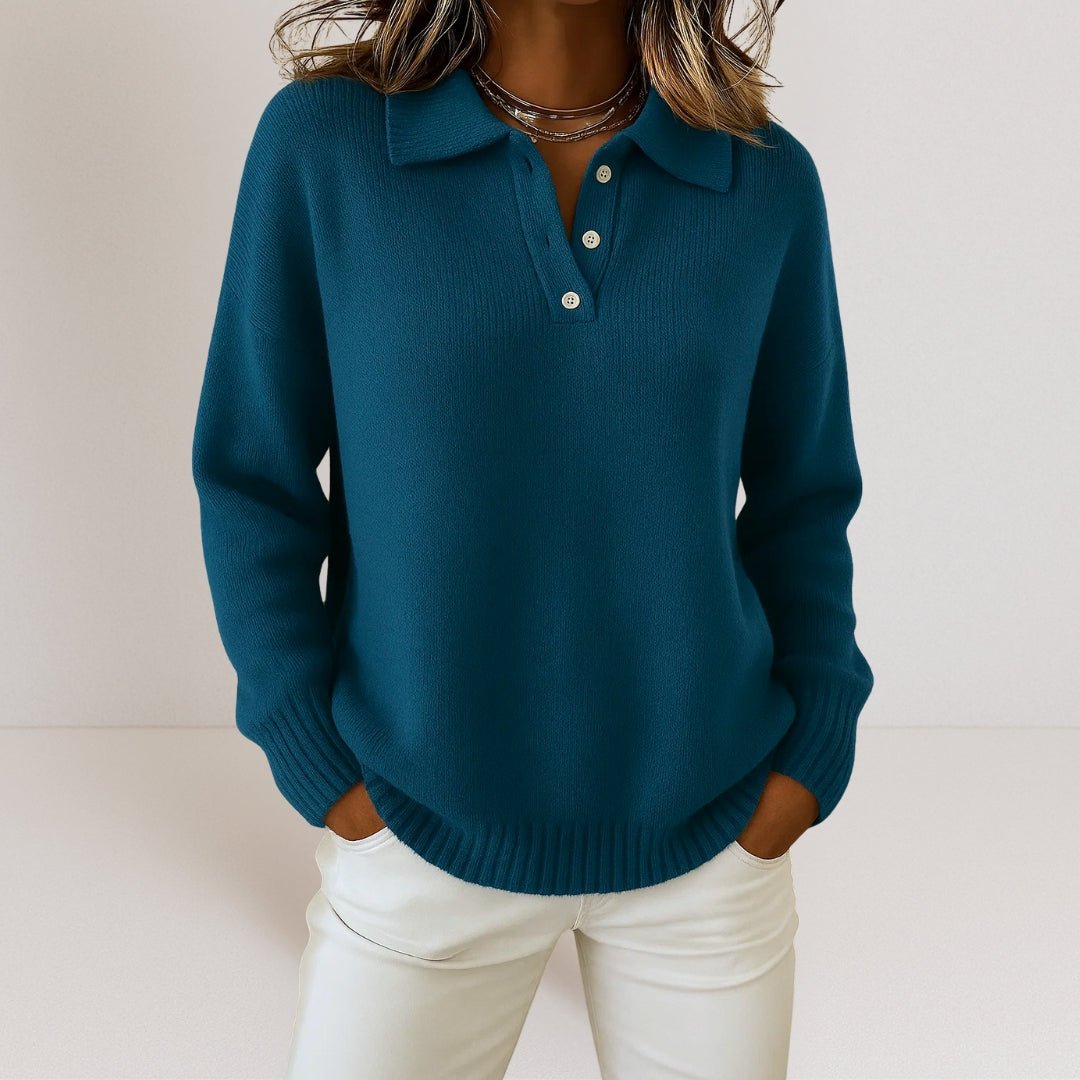 Soft Knit Sweater with Polo Collar and Button Closure