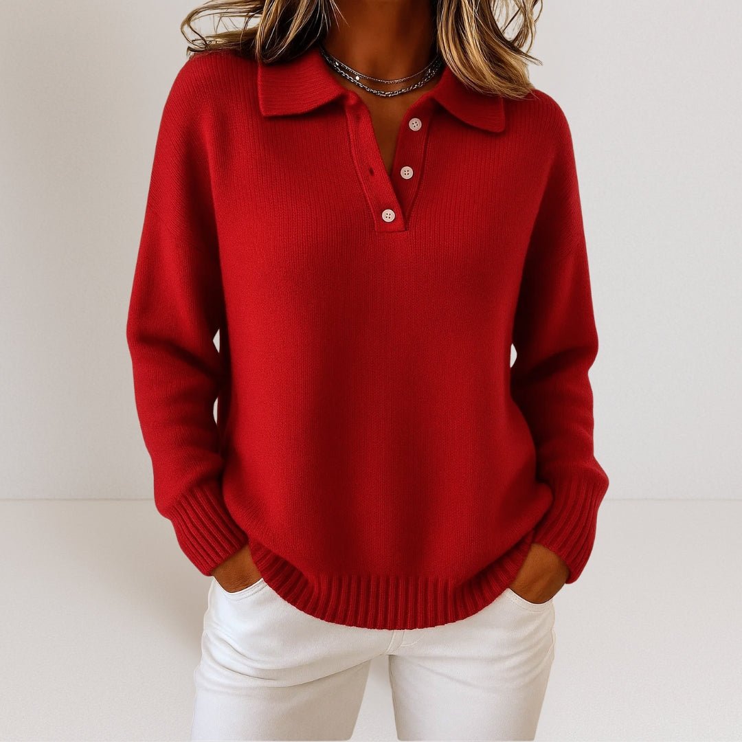 Soft Knit Sweater with Polo Collar and Button Closure