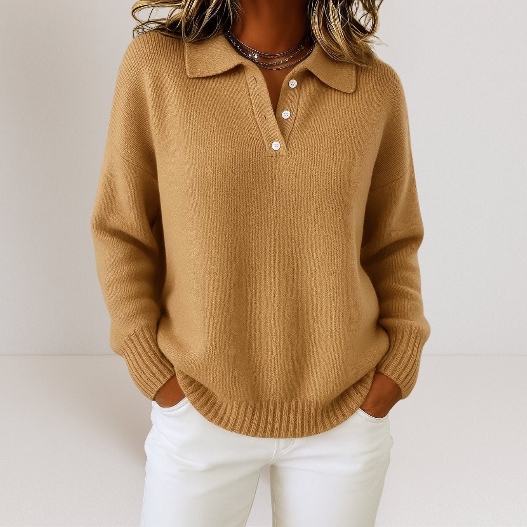 Soft Knit Sweater with Polo Collar and Button Closure