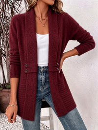 Soft Open Front Cardigan with Shawl Collar and Waist Button Tabs