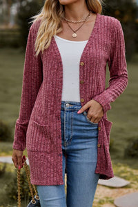 Soft Ribbed Cardigan with V-Neckline and Front Pockets