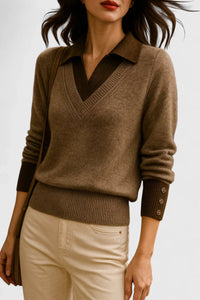 Soft V-Neck Polo Collar Sweater with Contrast Cuffs