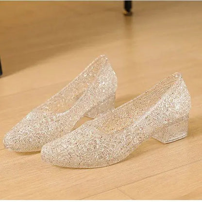 Sparkly Glitter Jelly Heels with Block Heel and Crystal Cutout Upper