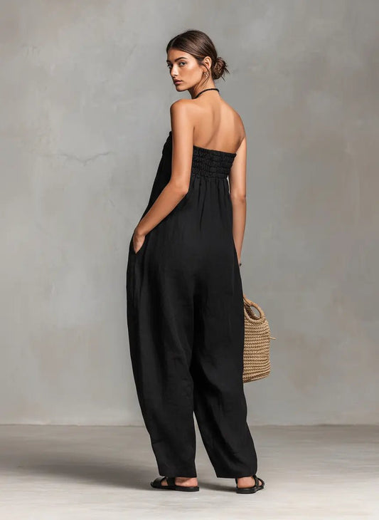 Relaxed Linen Strapless Jumpsuit with Smocked Bodice and Wide Leg