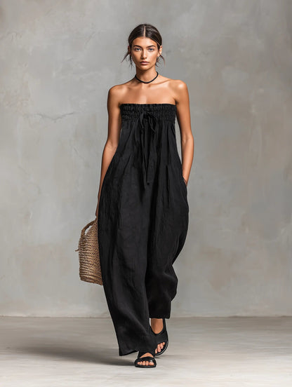 Relaxed Linen Strapless Jumpsuit with Smocked Bodice and Wide Leg