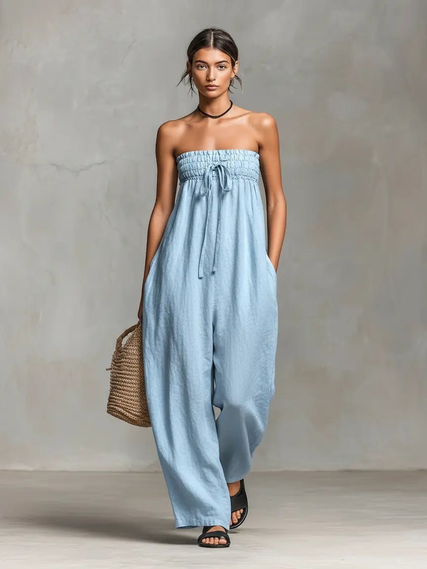 Relaxed Linen Strapless Jumpsuit with Smocked Bodice and Wide Leg