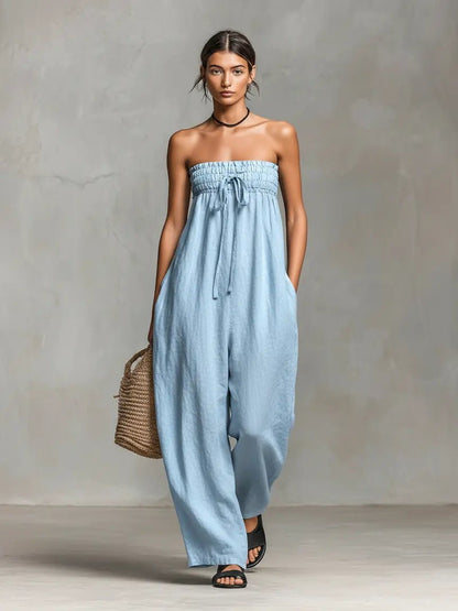 Relaxed Linen Strapless Jumpsuit with Smocked Bodice and Wide Leg