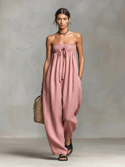 Relaxed Linen Strapless Jumpsuit with Smocked Bodice and Wide Leg