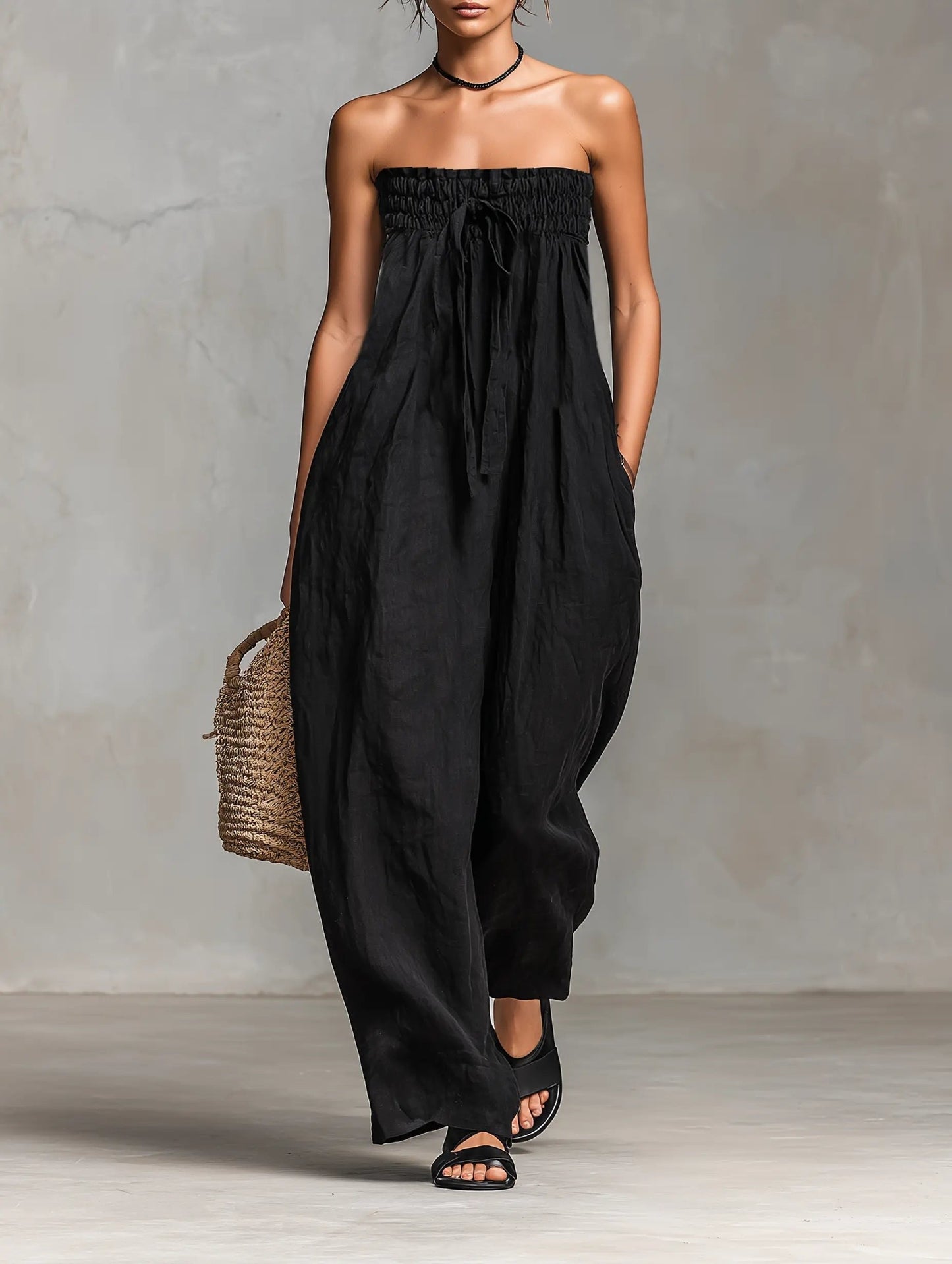 Relaxed Linen Strapless Jumpsuit with Smocked Bodice and Wide Leg