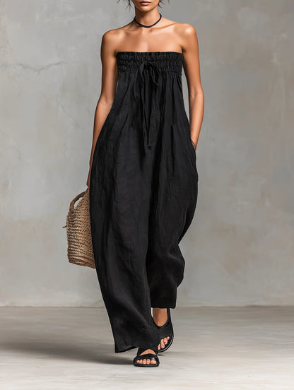 Relaxed Linen Strapless Jumpsuit with Smocked Bodice and Wide Leg