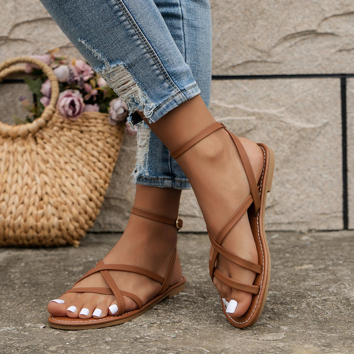 Strappy Flat Sandals with Crossover Toe Straps and Ankle Buckle