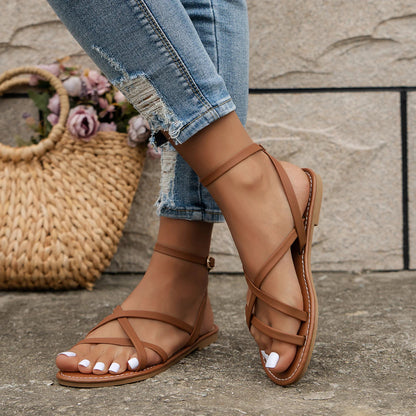 Strappy Flat Sandals with Crossover Toe Straps and Ankle Buckle