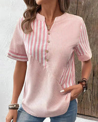 Striped Colour Block Top with Button Placket and Short Sleeves