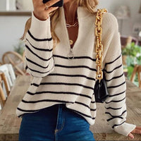 Striped Half Zip Ribbed Sweater with V-Neckline