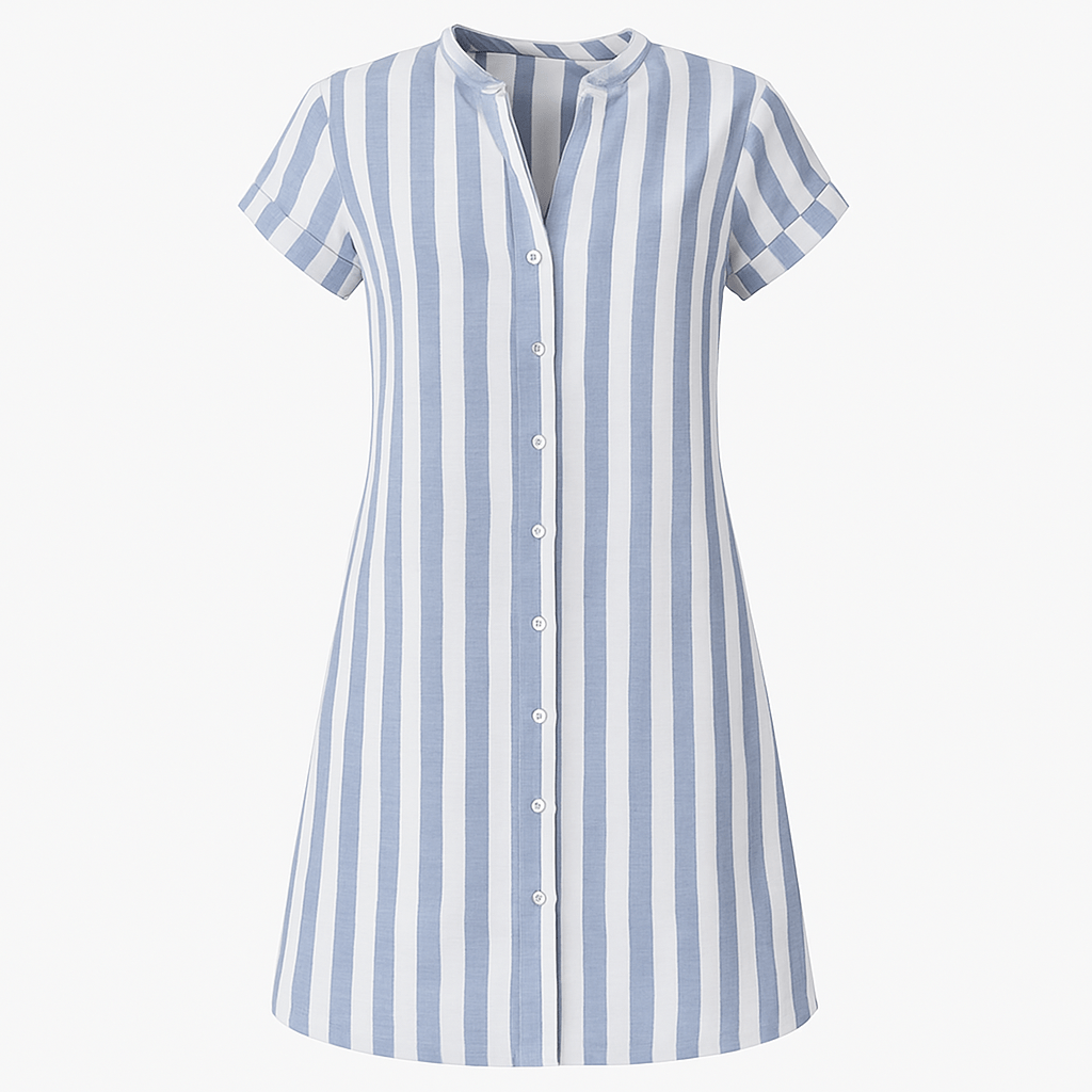 Striped Linen Shirt Dress with Button Front and Short Sleeves