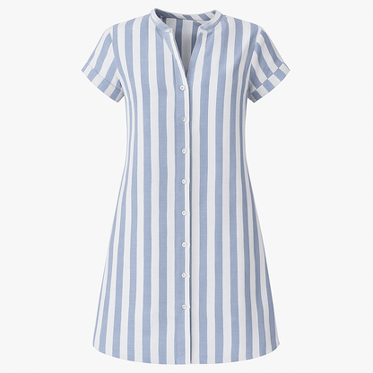 Striped Linen Shirt Dress with Button Front and Short Sleeves