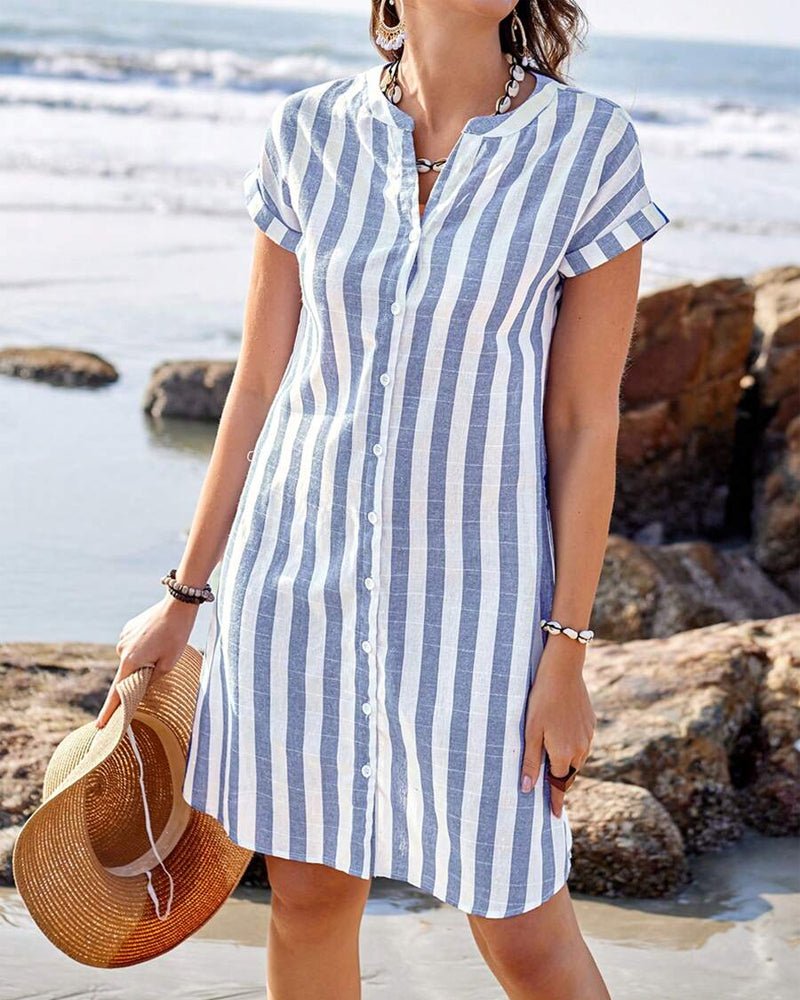 Striped Linen Shirt Dress with Button Front and Short Sleeves