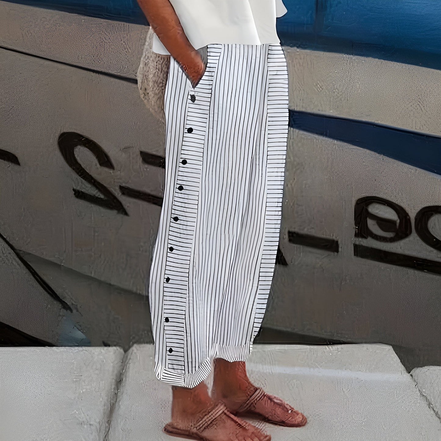 Striped Linen Trousers with Wide Leg and Side Pockets