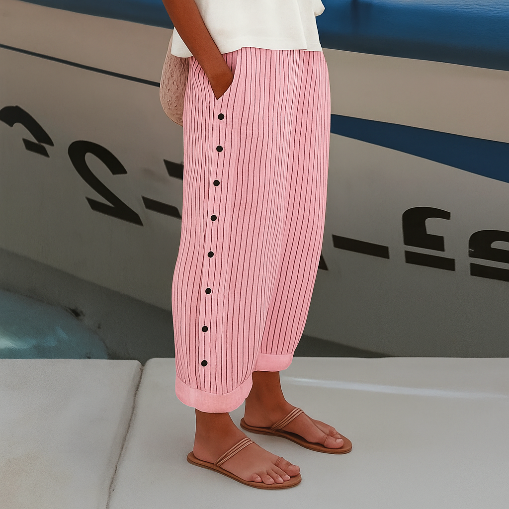 Striped Linen Trousers with Wide Leg and Side Pockets