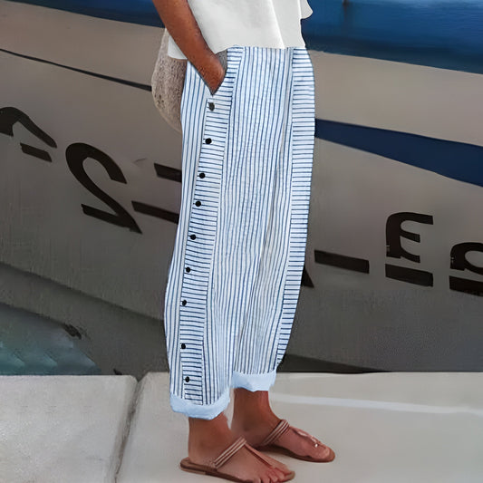 Striped Linen Trousers with Wide Leg and Side Pockets
