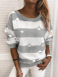 Striped Long Sleeve Top with Star Print and Round Neck