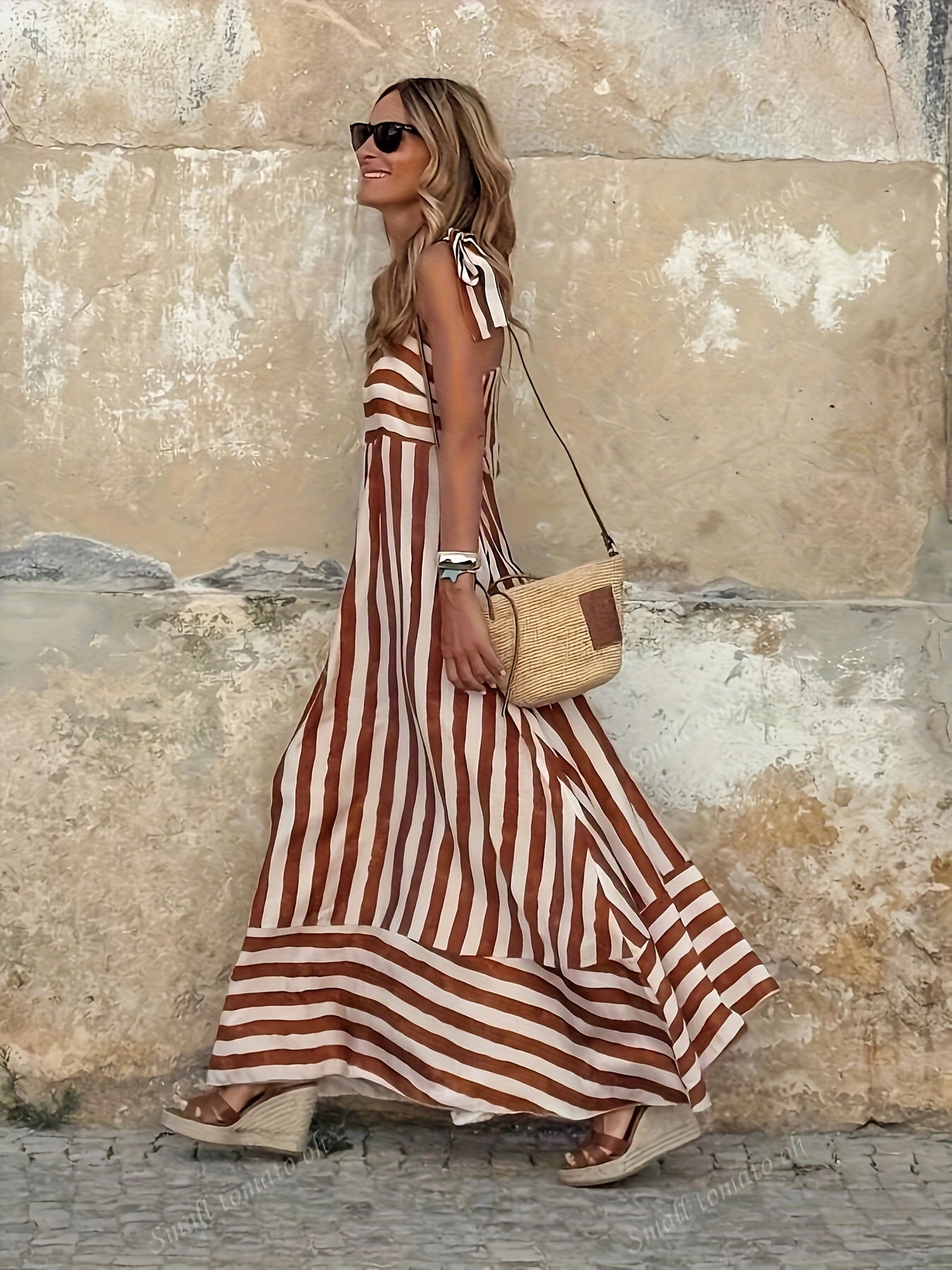 Striped Maxi Dress with Tie Shoulders and Square Neckline