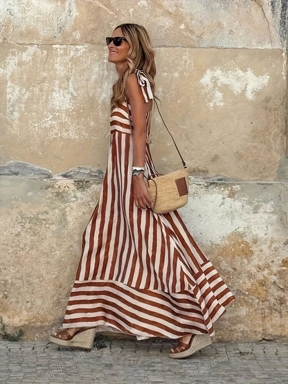 Striped Maxi Dress with Tie Shoulders and Square Neckline
