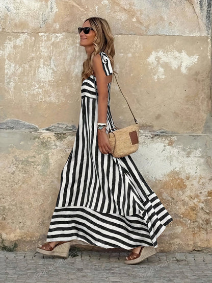 Striped Maxi Dress with Tie Shoulders and Square Neckline