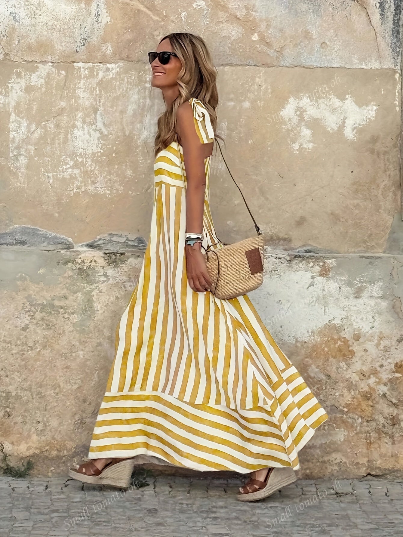Striped Maxi Dress with Tie Shoulders and Square Neckline