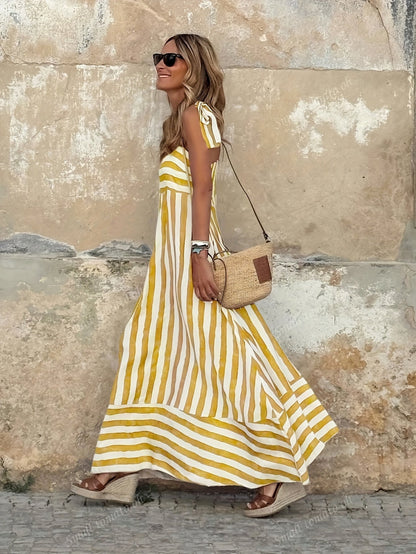 Striped Maxi Dress with Tie Shoulders and Square Neckline