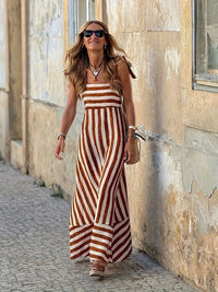 Striped Maxi Dress with Tie Shoulders and Square Neckline