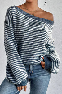 Striped Off Shoulder Knit Sweater with Waffle Texture