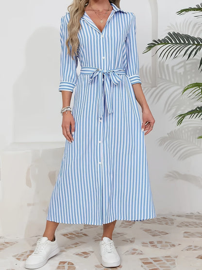 Striped Shirt Midi Dress with Tie Waist and Three-Quarter Sleeves