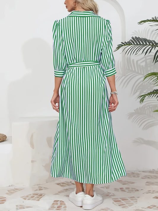 Striped Shirt Midi Dress with Tie Waist and Three-Quarter Sleeves
