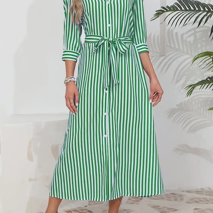 Striped Shirt Midi Dress with Tie Waist and Three-Quarter Sleeves
