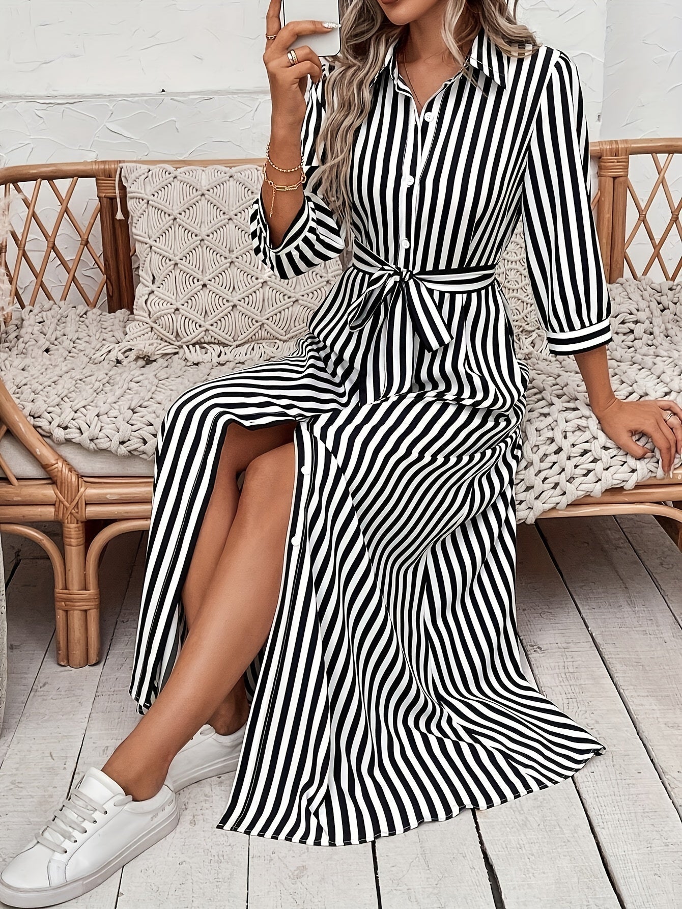 Striped Shirt Midi Dress with Tie Waist and Three-Quarter Sleeves