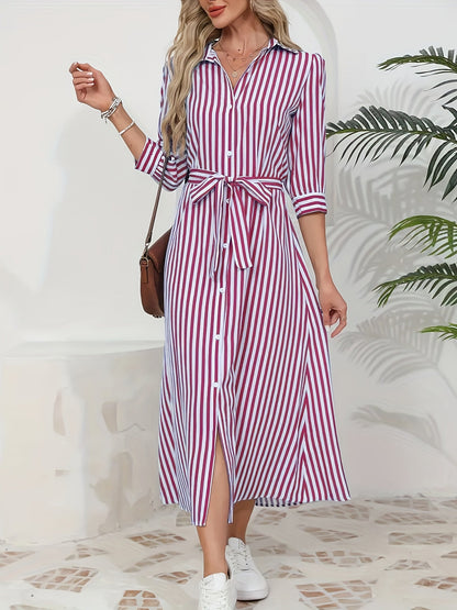 Striped Shirt Midi Dress with Tie Waist and Three-Quarter Sleeves