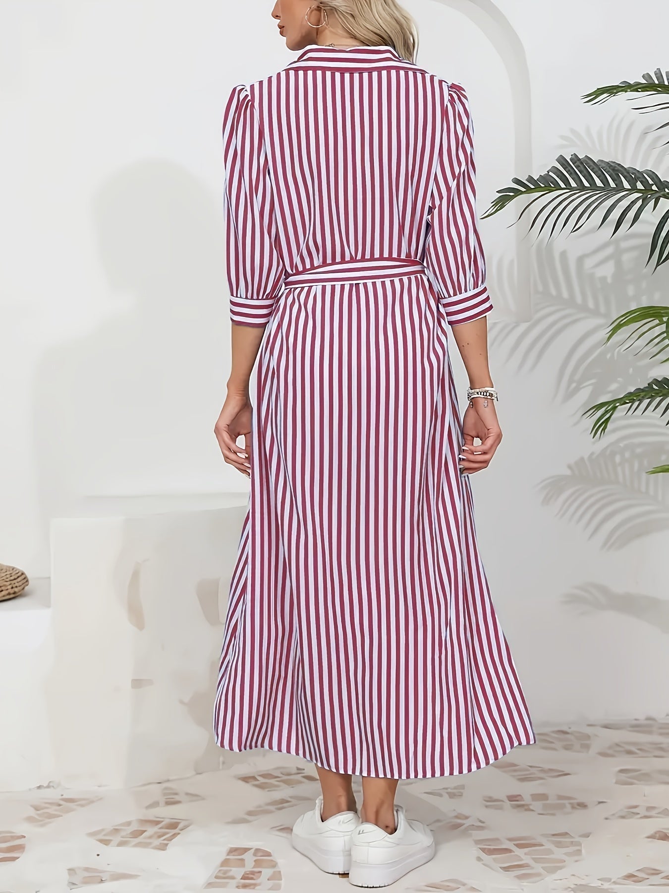 Striped Shirt Midi Dress with Tie Waist and Three-Quarter Sleeves