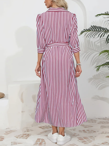 Striped Shirt Midi Dress with Tie Waist and Three-Quarter Sleeves