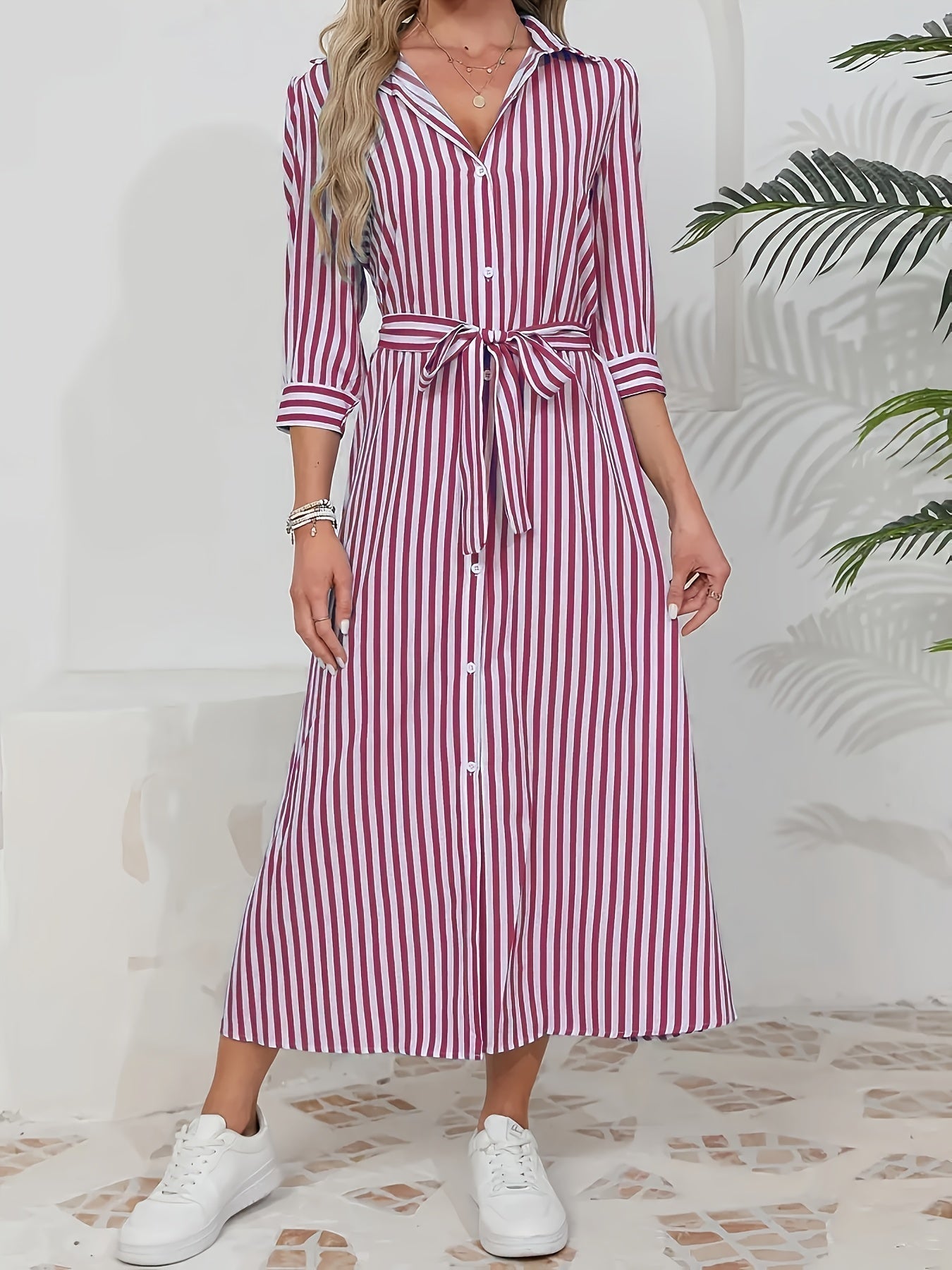 Striped Shirt Midi Dress with Tie Waist and Three-Quarter Sleeves
