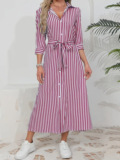 Striped Shirt Midi Dress with Tie Waist and Three-Quarter Sleeves