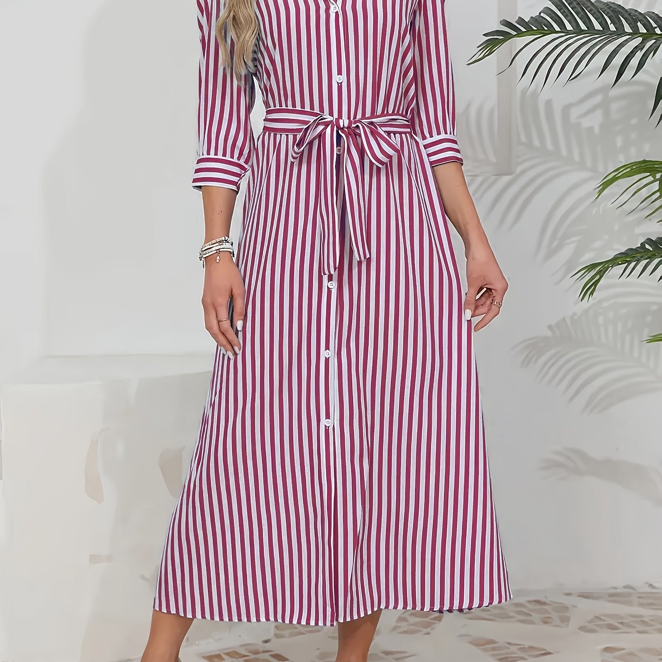 Striped Shirt Midi Dress with Tie Waist and Three-Quarter Sleeves