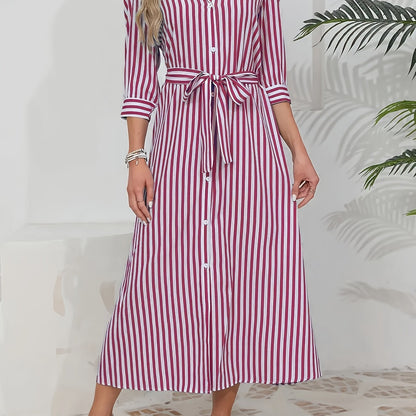 Striped Shirt Midi Dress with Tie Waist and Three-Quarter Sleeves