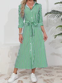Striped Shirt Midi Dress with Tie Waist and Three-Quarter Sleeves