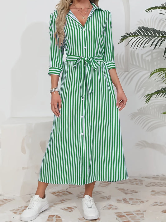 Striped Shirt Midi Dress with Tie Waist and Three-Quarter Sleeves