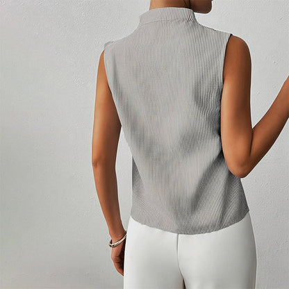 Striped Sleeveless Blouse with Stand Collar and V-Neckline