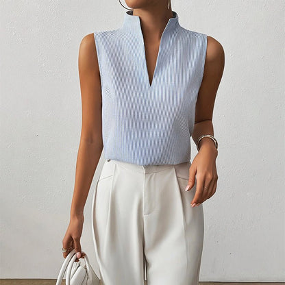 Striped Sleeveless Blouse with Stand Collar and V-Neckline
