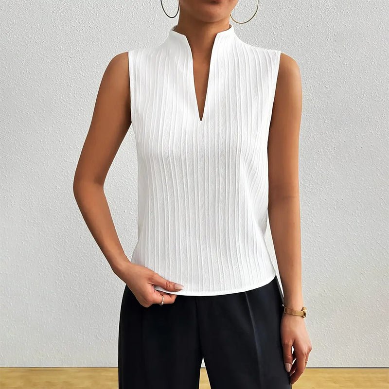 Striped Sleeveless Blouse with Stand Collar and V-Neckline