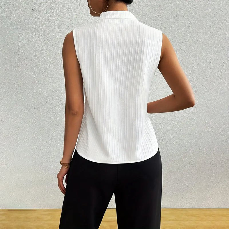 Striped Sleeveless Blouse with Stand Collar and V-Neckline