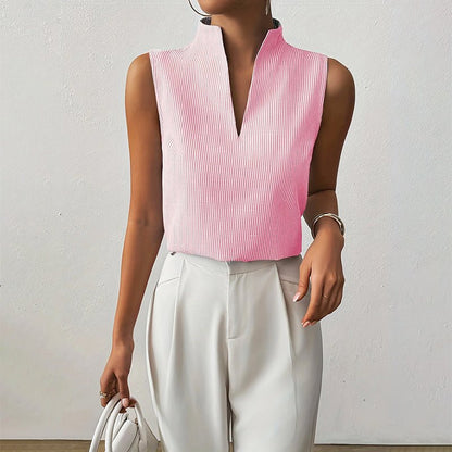 Striped Sleeveless Blouse with Stand Collar and V-Neckline